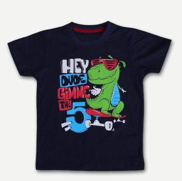 Dark navy graphic tee with dino printed on it.
