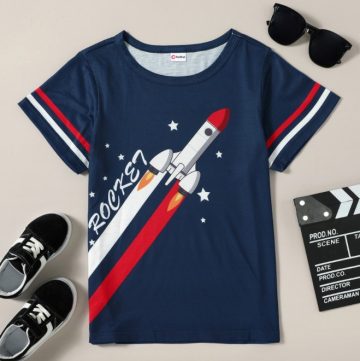 Navy blue physically stripped with rocket printed tee.